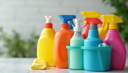 Brightly colored cleaning supplies organized neatly in a caddy , domestic, bathroom cleaning, colorful organization