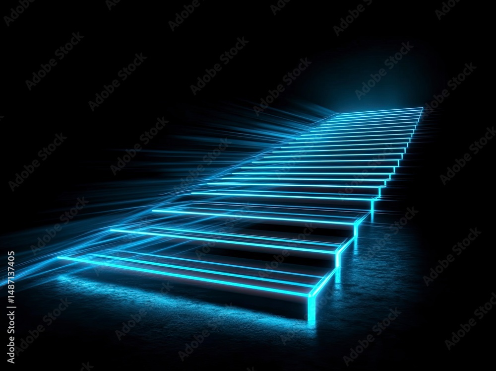 Poster abstract background with a dark floor and blue light beams. glowing lines in the shape of an illumin