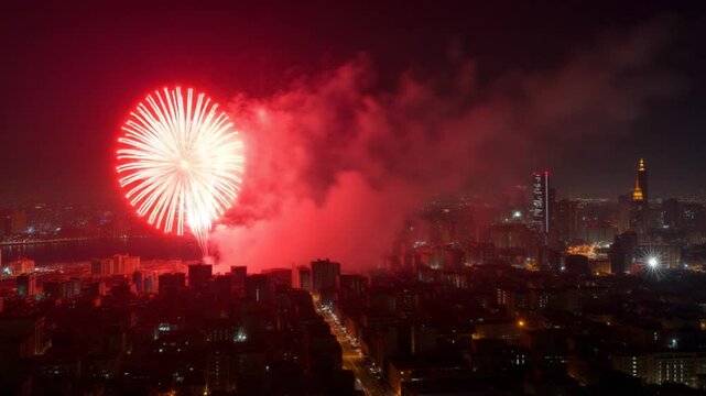 City Nightscape with Fireworks, An aerial view of a city nightscape illuminated