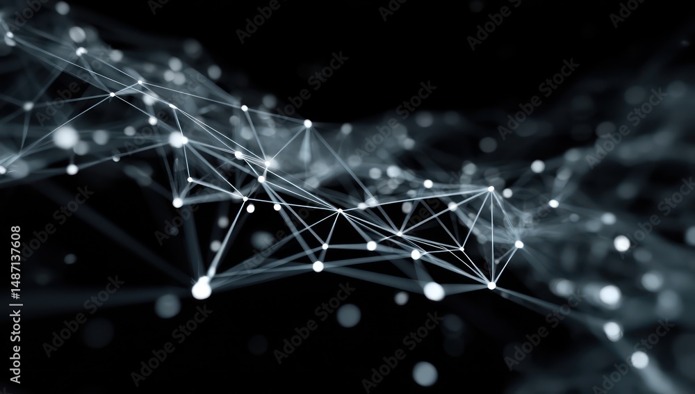 Poster modern technology represented by a 3d geometric pattern formed through connected nodes.