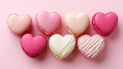 Obraz premium Heart-shaped macarons on a pink background.