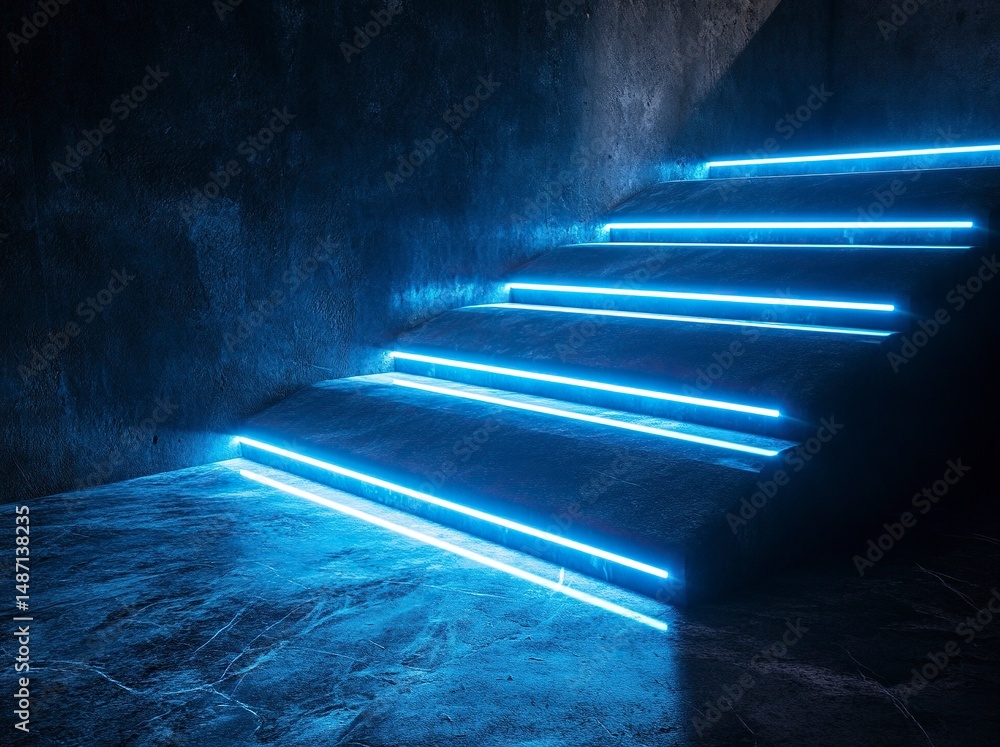 Poster abstract background with a dark floor and blue light beams. glowing lines in the shape of an illumin