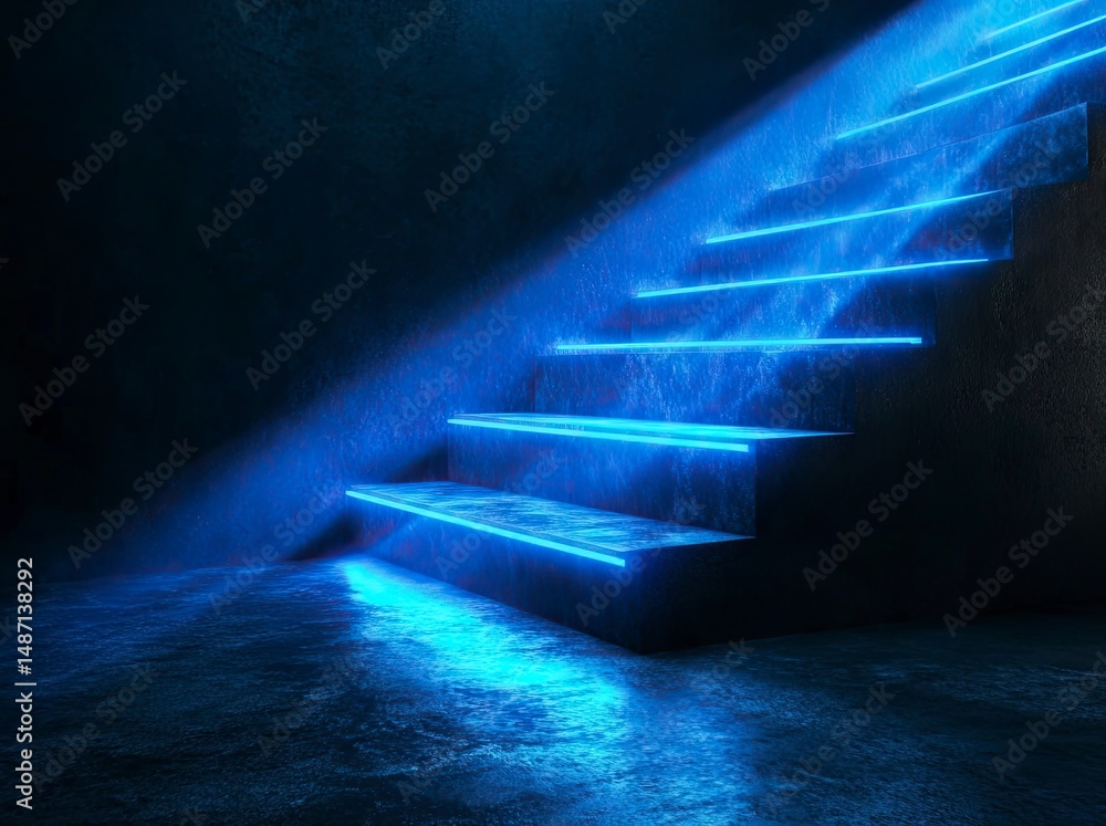 Poster abstract background with a dark floor and blue light beams. glowing lines in the shape of an illumin