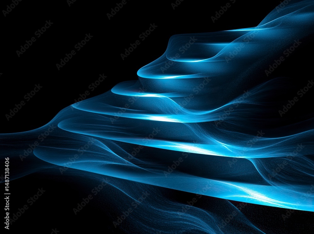 Poster abstract background with a dark floor and blue light beams. glowing lines in the shape of an illumin