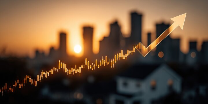 Market Growth in Silhouette: The rising arrow overlays a cityscape silhouetted against the warmth of the setting sun, illustrating progress, development. Ai Image