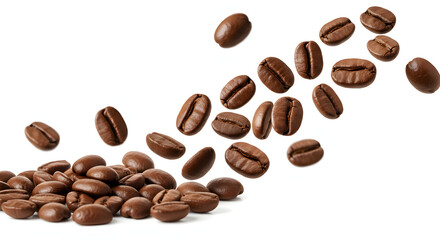 Naklejka premium Roasted Coffee Beans Falling and Piling Up on White Background
