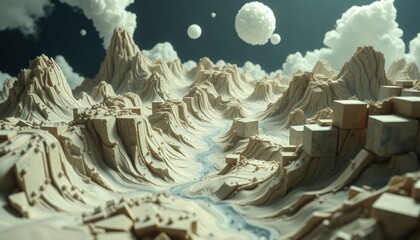 Abstract landscape, stylized canyons and desert with floating spheres