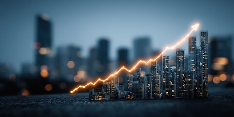 Financial Growth: An illuminated graph ascends skyward over a modern cityscape at dusk, representing financial growth and urban progress, conveying optimism and development. Ai Image
