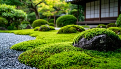 Vibrant Green Moss Growing on Dark Grey Stone in a Japanese Garden