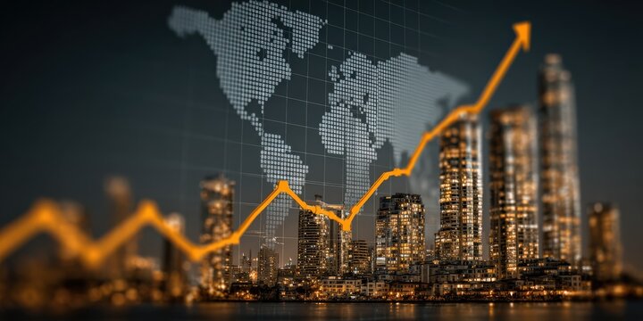 Global Business Growth: A dynamic representation of global business expansion, with a cityscape overlaid by a rising graph, symbolizing economic growth and international markets. Ai Image - Powered by Adobe