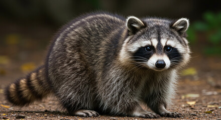 Fototapeta premium Captivating Close-Up of a North American Raccoon with Striking Facial Markings and Intense Gaze amid Woodland Scenery in Natural Light