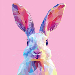 Colorful geometric bunny in WPAP style on pink background. Modern polygonal pop-art portrait with a vivid rainbow palette and expressive details