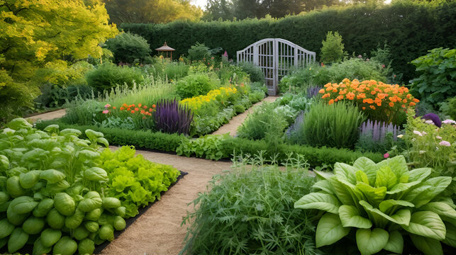 Vegetable garden in late summer. Herbs, flowers and vegetables in backyard formal garden. Eco friendly gardening.