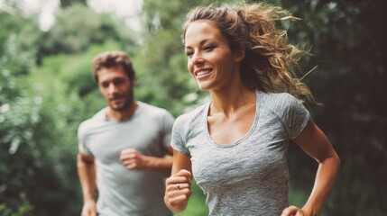 Obraz premium A healthy lifestyle moment with an athletic couple running together, lush greenery in the background and focus on the joyful woman.