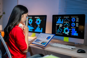 She is looking at a presentation on one of the monitors