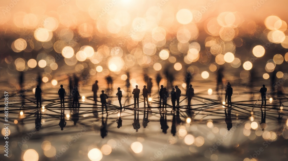 Aufkleber silhouettes of people standing on abstract network with glowing bokeh background at sunset, symboliz