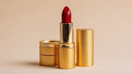 Elegant red lipstick with a luxurious gold case.