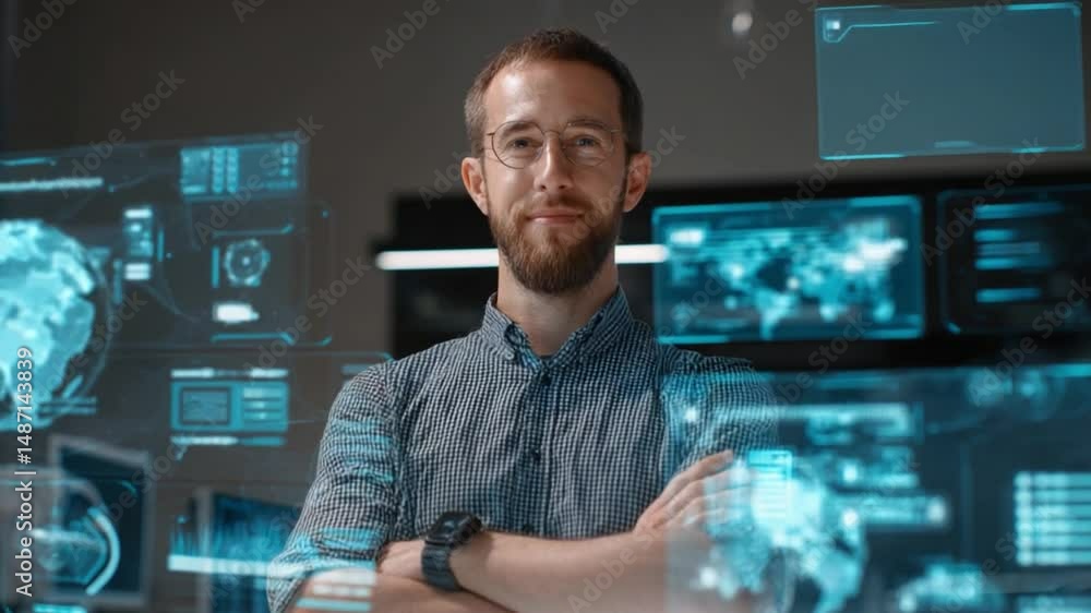 Aufkleber tech expert in control room: a knowledgeable expert stands confidently in a high-tech control room, 