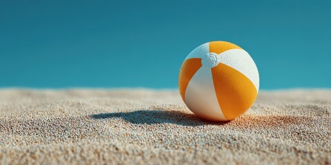 Obraz premium Beach ball on sandy beach: A bright, colorful beach ball sits invitingly on a soft, textured sandy beach, bathed in warm sunlight under a clear, azure sky. Ai Image