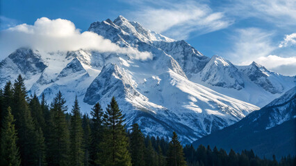Fototapeta premium Majestic Snow Covered Mountain Peaks and Evergreen Forest