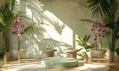 Fototapeta premium Sunlight filters through tropical plants in a tranquil interior space.