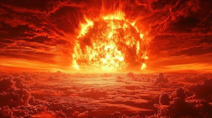 Dramatic sunset sky filled with billowing clouds illuminated in vibrant shades of orange,