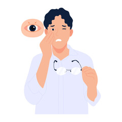 Vector cartoon illustration of a man taking off his glasses and feeling irritated eyes, burning eyes, staring at the screen for a long time will make the eyes itchy and red