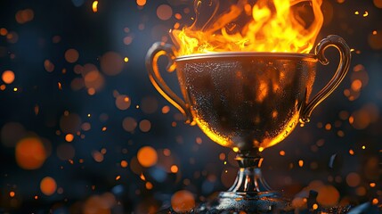 A golden trophy with ornate detailing sits on a black pedestal,