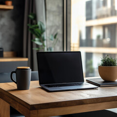 Fototapeta premium Modern Home Office Setup Laptop, Coffee, and Cozy Workspace