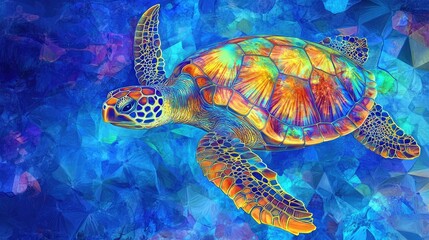 A vibrant, colorful digital illustration of a sea turtle swimming underwater against a geometric blue background.