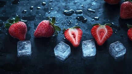 Three fresh strawberries partially immersed in clear ice cubes,