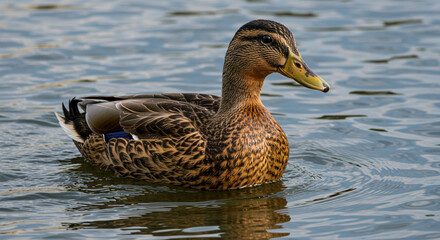 Elegant mallard duck swimming gracefully across tranquil waters showcasing its beautiful patterned plumage and graceful demeanor in the aquatic habitat