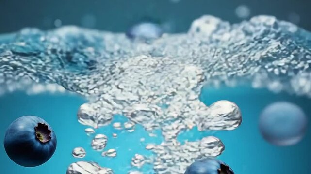 Blueberries fall in slow motion into water