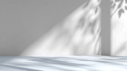 A minimalist white studio with a delicate leaf shadow overlay, perfect for cosmetic and fashion product displays. Soft morning sunlight streams through the window, enhancing the clean mockup backdrop.