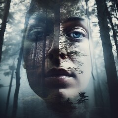 Womans Face with Forest Double Exposure.