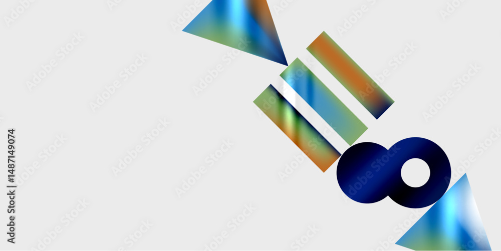 Poster Abstract geometric shapes overlap, creating colorful diagonal composition. Blue, orange hues dominate dark background. Minimalist design.