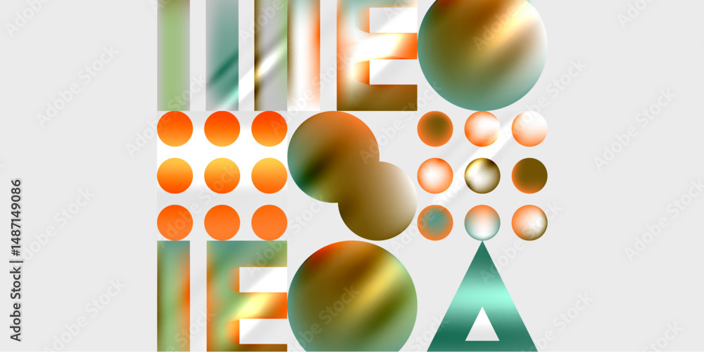 Poster abstract composition. geometric shapes, circles, rectangles, text elements present. gradient colors,