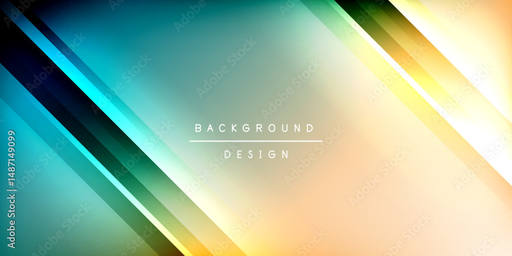 Poster abstract background features diagonal lines, gradients. colors transition from dark blues to warm ye