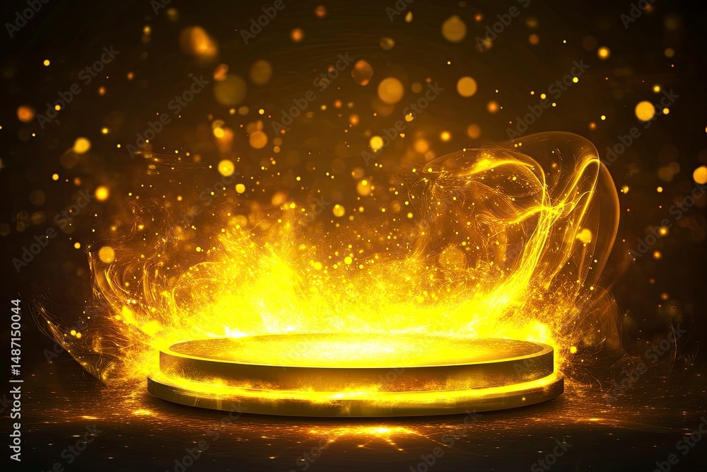 Aufkleber abstract yellow glowing podium background for product presentation with light effects, vector illust