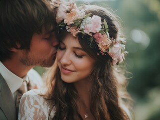Naklejka premium Another moment of a couple in an embrace with a floral crown, reinforcing romantic intimacy.