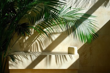 Fototapeta premium Sunlight filters through palm fronds onto a light beige shelf.