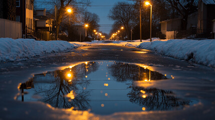 Fototapeta premium A street illuminated by winter snow during a rainstorm, reflecting streetlights, The perfect reflection of raindrops in a calm city street, A breathtaking view of an urban park at dusk.