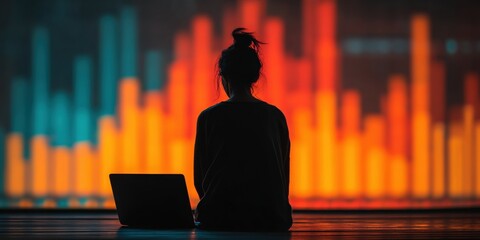 Data Analyst's Insight: Silhouette of a data analyst engrossed in work, gazing at dynamic data visualization on a vibrant backdrop, lit by an array of colours reflecting information.  Ai Image