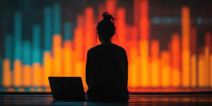 Data Analyst's Insight: Silhouette of a data analyst engrossed in work, gazing at dynamic data visualization on a vibrant backdrop, lit by an array of colours reflecting information.  Ai Image - Powered by Adobe