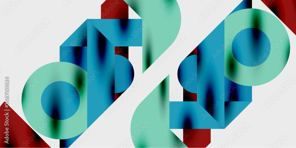 Aufkleber abstract geometric shapes overlap, creating layered visual effect. colors include red, teal, white, 