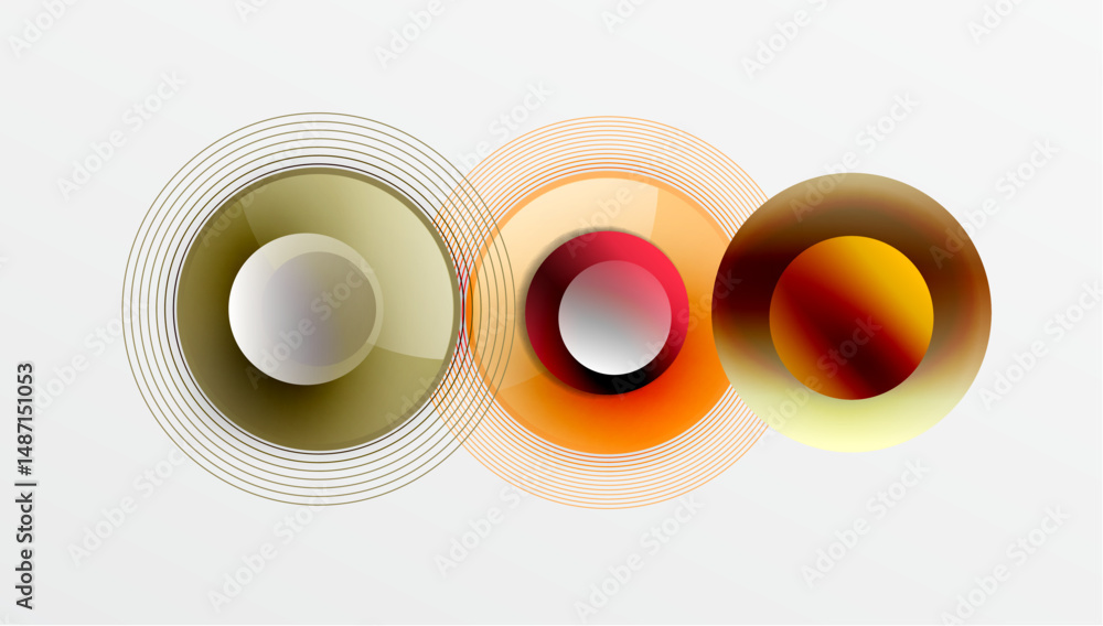 Poster abstract circles overlap, creating vibrant color gradients. lines radiate outward from central point