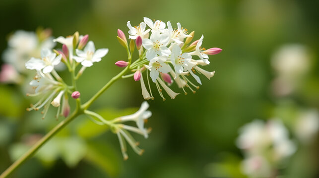 Melilotus albus flowers with white blossoms highlighted set against a blurred green bokeh background in the copy space image
