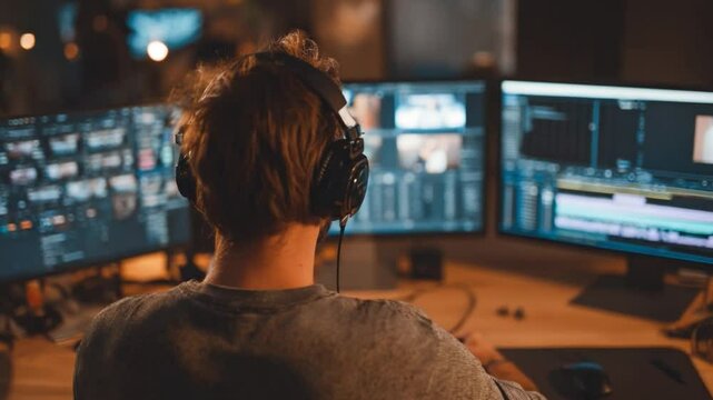 Behind the Scenes: A Focused professional intently monitors multiple screens in a low-lit environment, with headphones, immersed in detail 