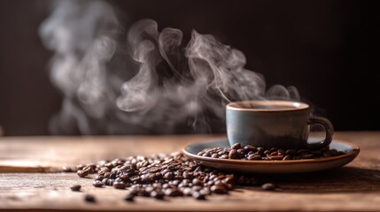 A steaming hot coffee cup resting on a smooth saucer, encircled by a pile of aromatic beans on a wooden surface.
