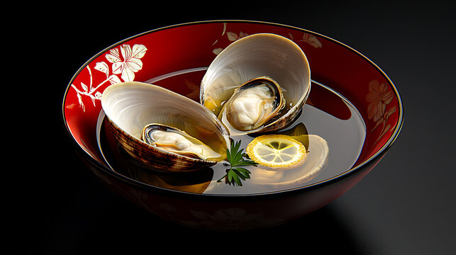 Two open clams in a clear broth, garnished with lemon and parsley, served in a decorative red and black owan bowl.